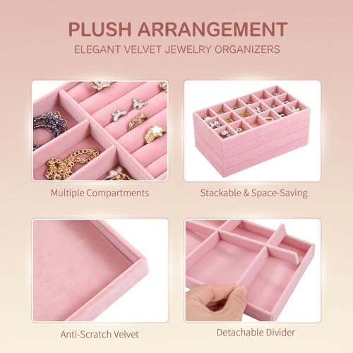 8 Pcs Jewelry Drawer Organizers, Velvet Jewelry Trays for Drawer, Stackable Jewelry Trays, Ideal for Rings, Earrings, Bracelets, Necklaces, Pink - Image 4