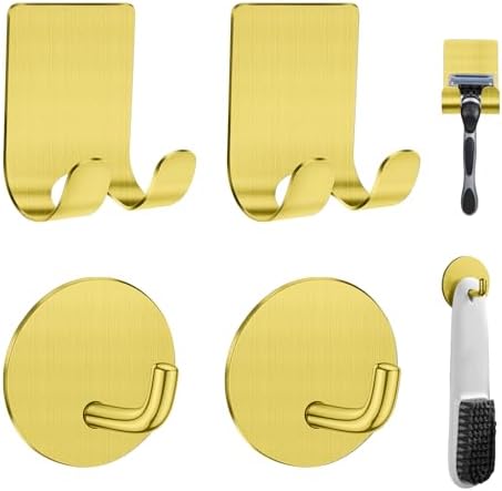 Diesisa Razor Holder for Shower + Adhesive Wall Hooks, Premium 304 Stainless Steel Shower Razor Holder with Heavy Duty Waterproof Sticky Hooks for Hanging Towels, Coat, hat (2+2 Pack)-Gold by Home