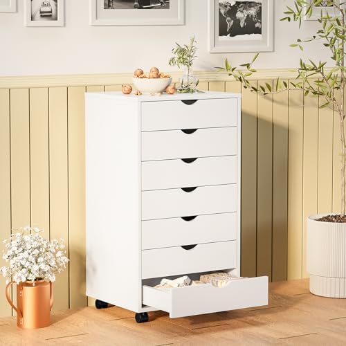 Sweetcrispy 7 Drawer Rolling Storage Cabinet, Wood Under Desk Mobile Dresser with Wheels, Small Organizer Chest for Home Office, Bedroom, Living Room, Compact Vertical Storage Furniture Unit, White - Image 2
