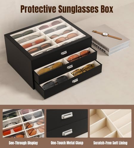 NEWLOOP Sunglass Organizer Display Case - Sunglasses Holder for Men Women Multiple Pair Eye Glasses Storage Organizer 3-Layer Jewelry Watch Eyeglass Collection Box with 30 Slots, Black - Image 4