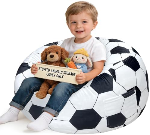 Lukeight Soccer Stuffed Animal Storage Bean Bag Chair Cover for Kids (No Filler), Velvet Plush Toy Organizer Seat, Long YKK Zipper, Side Pocket, Large 27"D x 16"H by Lukeight