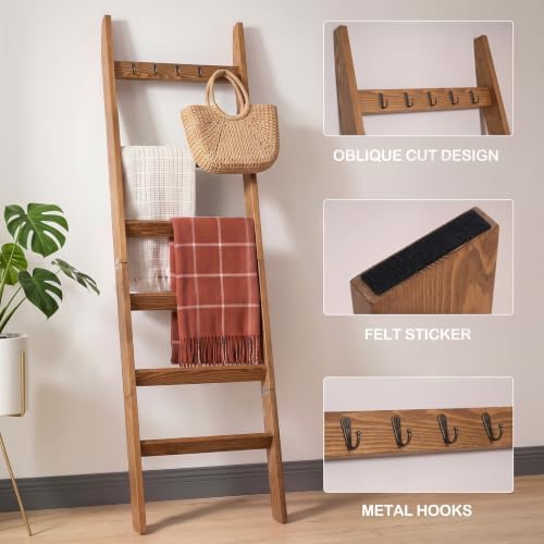 TEAKMAMA 6-Tier 5.4ft Blanket Ladder with Hooks Farmhouse Honey Brown - Image 2