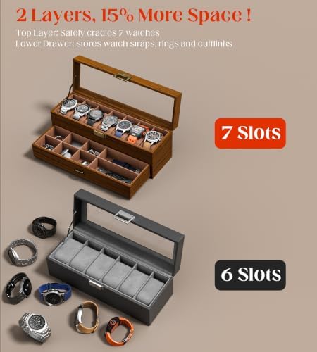 Watch Case Box for Men - Ultra-thin Frame Wide Display 7 Slots 2-Layer Wood Grain Watch Storage Organizer with Jewelry Drawer, Real-glass Display Case Collection Box Gift for Dad Husband - Image 4