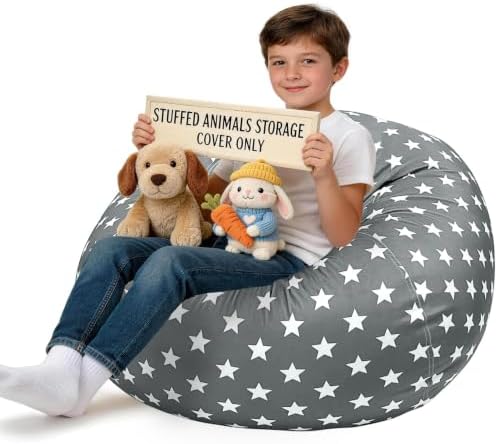 Lukeight Stuffed Animal Storage Bean Bag Chair Cover for Kids, Velvet Plush Toy Organizer Seat, Cover Only, No Filling Included, Long YKK Zipper, Side Pocket, X-Large 30"D x 18"H by Lukeight