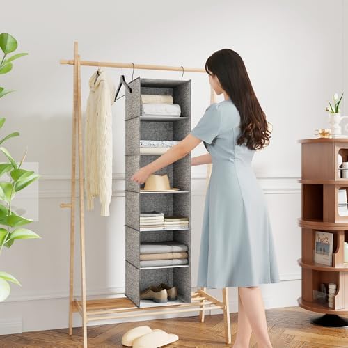 Hanging Closet Organizer 6-Shelf, Oxford Linen Wardrobe Storage, Gray - Image 2