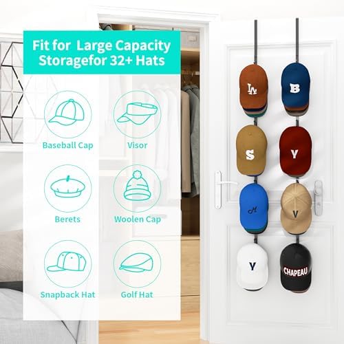 HapiRm Over Door Hat Rack - 2 Packs Hat Organizer with 8 Hooks Design, Hanging Baseball Cap Organizer Storage Holds Up to 40 Caps for Door, Bedroom, Closet (Black) - Image 3