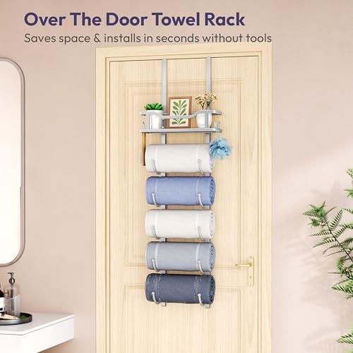 SWTYMIKI Over the Door Towel Rack - 6 Tier Towel Racks for Bathroom Wall Mounted, Towel Holder with Shelf, Hanging Rolled Towel Storage Organizer for Small Bathroom, Camper, RV, Sliver - Image 2