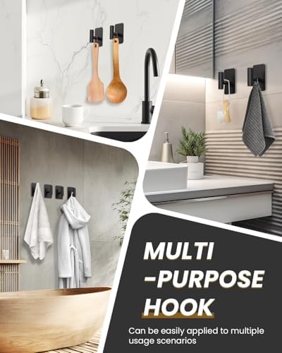 Heavy Duty Adhesive Hooks - 26lb Max, Sticky Wall Hooks Waterproof Stainless Steel for Hanging Towel, Coat, Robe, Towel Hooks Stick on Bathroom, Kitchen, Shower, Door (Black, 2 Pack) - Image 6