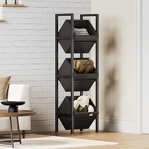 LITTLE TREE 3-Tier Basket Stand, Wooden Floor Stand Shelving Unit, Rustic Standing Organizer Storage Rack for Kitchen, Bathroom, Living Room (Black) - Image 2