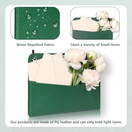 3 PCS Wall Mount PU Leather Mail Holder Green Faux Leather Letter Holder Stylish Wall Hanging Mail Storage 2 Ring Wall Mail Organizer for Flowers Envelope Key Notebooks Home Office Decor - Image 3