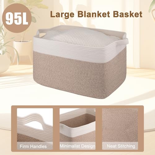 OIAHOMY Extra Large Blanket Basket, 95L Cotton Rope Woven Laundry Basket, Toy Bin for Baby Room, Container for Blanket Storage in Living Room, 24''×17''×14'', Brown & White - Image 4