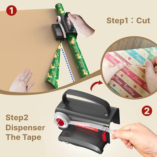 Wraprocut (2-Pack) Wheel Wrapping Paper Cutter & Tape Dispenser with 4 Tapes，2 Replace Blades Kit for Christmas Gift Wrap Cutter Tool Paper Roll Holder Tube Sliding Slicing for Birthday Holiday. - Image 2
