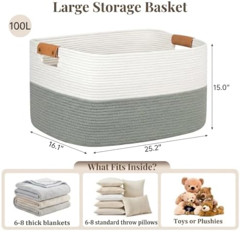 Danpinera 100L Extra Large Blanket Basket for Living Room, White&Sage Green - Image 2