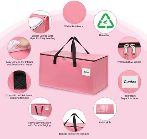 8 Pack Extra Large Heavy Duty Moving Bags with Reinforced Zipper & Wide Carrying Handles, Bright Red Large Capacity Storage Totes for Whole House Packing, Dorm Moves & Event Organization, Pink - Image 3