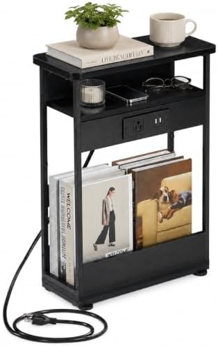 Narrow Side Table with Charging Station Small Spaces Narrow End Table by YEAKOO