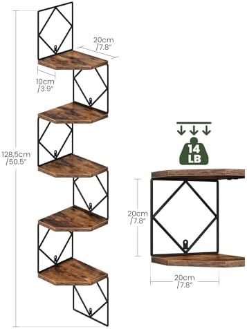CHOEZON 5-Tier Corner Shelf, Floating Shelf, Wall-Mounted Storage Shelf, Wall Decor, Narrow Corner Bookshelf, for Living Room, Bedroom, Home Office, and Bathroom, Rustic Brown and Black TCJ35BF - Image 3
