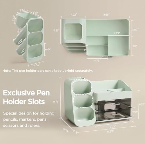 HBlife Desk Organizer with Pen Pencil Holder for Desk, Pen Organizer with 2 Drawers, Desk Organizers and Accessories with 4 Compartments, Desktop Storage for Office Home School Art Supplies, Green - Image 5