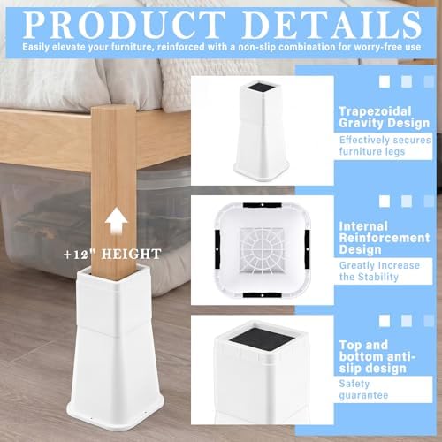 Novabright 12 Inch 4 Pack College Dorm Bed Risers,White - Image 3