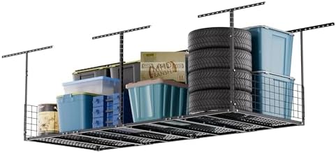Overhead Garage Storage Rack,3x8 FT Garage Shelving Storage Organizer System with Side Guardrails,Heavy-Duty Metal Ceiling Racks,Load 600LBS Weight by UODENGA