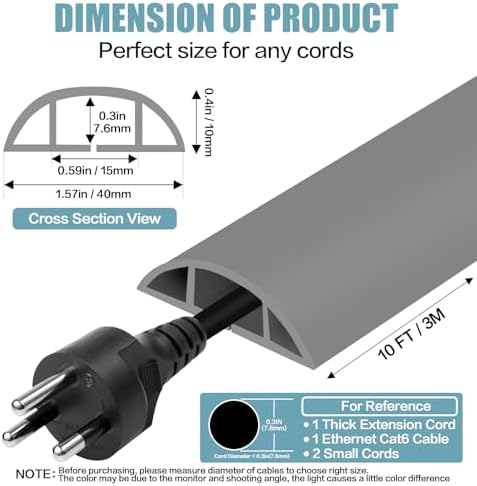Floor Cord Cover Self Adhesive Cord Hider,10FT Cable Management, Extension Strip Protector for Wires, Prevent Cable Trips for Offices, Gyms, Exhibitions Cavity:0.51"(W) x 0.3"(H) Gray - Image 2