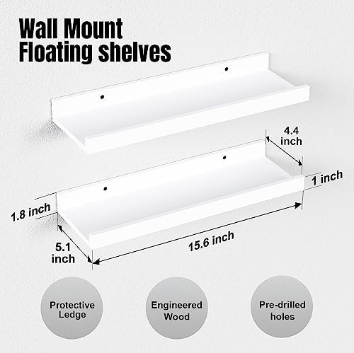 Boswillon Floating Shelves Set of 2, Small Wall Shelf with Lip, 16in, White - Image 3