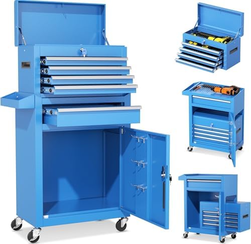 INTERGREAT Rolling Tool Chest, 5-Drawer Tool Box Organizer, Lockable Wheels & Sliding Drawers & Detachable Top, Tool Storage Cabinet for Garage Workshop (Blue) by INTERGREAT