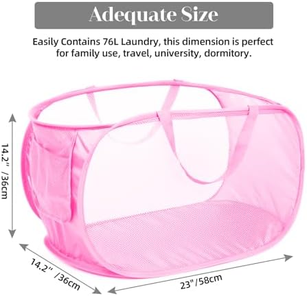 Durable Collapsible Laundry Baskets, Mesh Pop Up Laundry Hamper with Side Pocket, Foldable Clothes Hamper with Reinforced Carry Handles for Laundry, Bathroom, Kids Room, Dorm or Travel 2 Pack Pink - Image 3