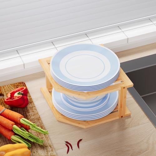 VERTORGAN 2 Tier Bamboo Plate Organizer,Corner Shelf for Kitchen - Image 5