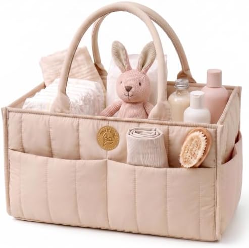 Baby Diaper Caddy Organizer - Portable Diaper Caddy with Handles & Removable Dividers - Large & Quilted Nursery Storage Basket for Girls - Changing Table Bag for Car - Gift for Baby Shower - Pink Sand by BlissnBaby