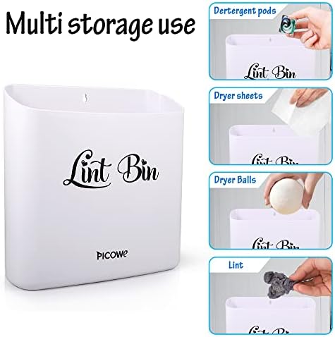 Picowe Magnetic Laundry Storage, Large Lint Holder Bin for Laundry Room, Space-Saving Trash Container Hanging on Dryer, Washer or Wall Mount (Gray White) - Image 4