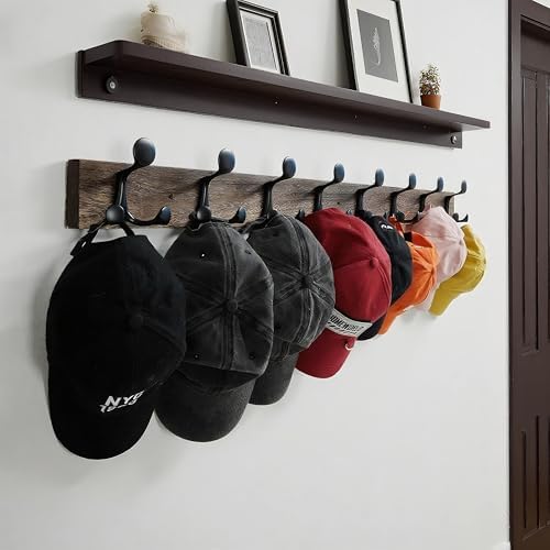 WEBI Coat Rack Wall Mount,43" Solid Wood Coat Hooks Wall Mounted Coat Hanger,16" Hole to Hole,Heavy Duty Hook Rack Rail,8 Triple Hooks for Hanging Coats,Jacket,Clothes,Hat,Backpack,Weathered Brown - Image 3