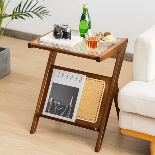 Giantex Rattan Side Table, Boho Nightstand with Glass Top & Magazine Rack, End Table with Storage, Bamboo Bedside Table for Small Space Living Room Bedroom (2, Walnut) - Image 7