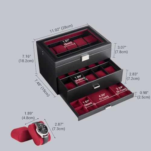 ProCase 3-Layer Watch Box with Glass Lid for Men, 20-Slot, Winered - Image 3