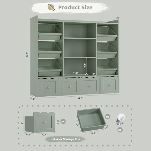 HITHOS 55" W Kids Toy Storage Organizer with 10 Toy Box & Book Shelf, Green - Image 2