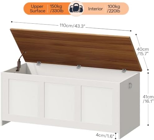 HOOBRO Storage Bench, 43.3" Retro Wooden Storage Chest, Wooden Storage Trunk, Toy Chest with Lift Top, Multifunctional Entryway Organizer, for Entryway, Living Room, White and Walnut WH411CW01G1 - Image 3