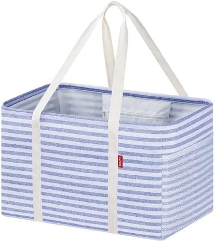 LHZK Standing Utility Tote Bag with Metal Wire Frame and the Sides Rinforced, Large Tote Bag with Handle, Reusable Grocery Bags Foldable, Beach Bag, Car Tote (Blue, 18.5''x11.8''x11.5'') by LHZK