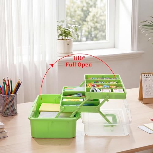 BTSKY 3-Layer Foldable Craft Organizer, Portable Tackle Box with Handle & Adjustable Dividers, Multi-Purpose Toolbox for Art Supplies, Sewing, Medicine, 12.2x6.7x5.7 Inch, Light Green - Image 3