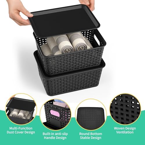 8 Pack Plastic Storage Baskets,Black Stackable Bins with Lid - Image 2
