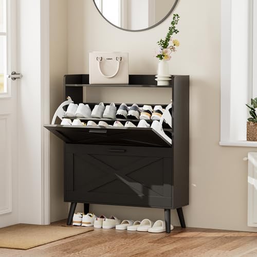 Homleke Farmhouse Shoe Storage Cabinet with Flip Drawers & Barn Door Design - Image 3