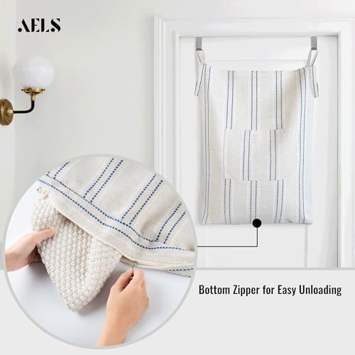 AELS Farmhouse Hanging Laundry Hamper with 2 Hooks, Boho Beige & Blue Stripes Laundry Bag with Zipper & Wide Open Top, Over the Door Organizer for Dirty Clothes, Washable Space Saving Storage - Image 2