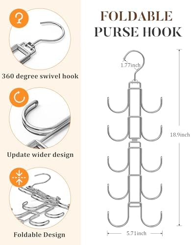 Purse Hanger for Closet,360 Degree Purse Bag Organizer Handbag with 10 Hook - Image 4