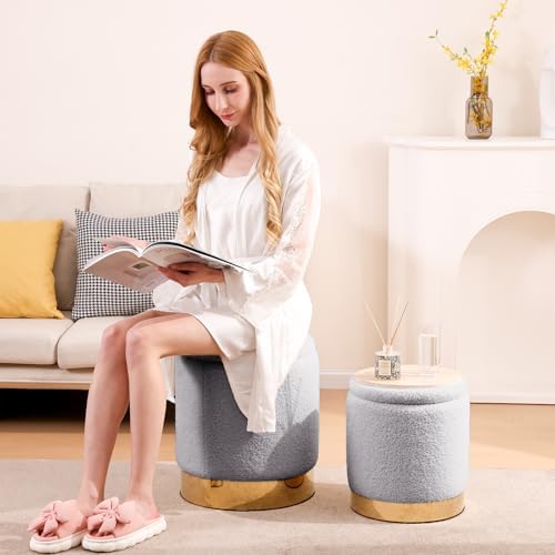 YYW HOME Round Ottoman with Storage Set of 2 Gray Sherpa Vanity Stool - Image 3