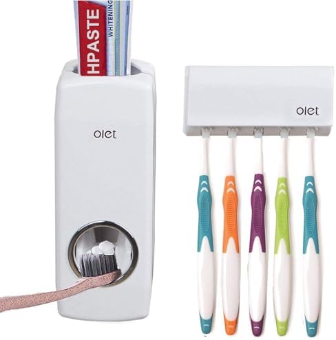 Toothpaste Dispenser and Toothbrush Holder Set, Wall Mounted Automatic Toothpaste Squeezer and Toothbrush Organizer Holder,Restroom Bathroom Accessories (5 Brushes Slots),White by QIVANLIFE