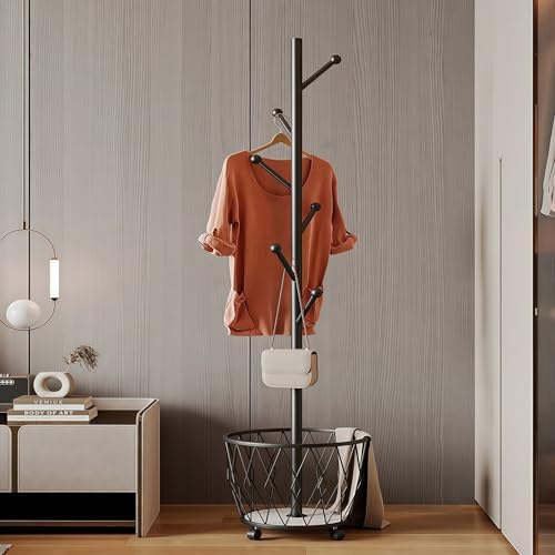 Black Moveable Tree Metal Coat Rack with Basket Freestanding 65" - Image 5