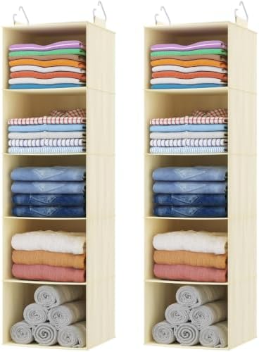 Lifewit 5 Tier Hanging Closet Storage Organizer for Shelves, Beige, 2 Pack by Lifewit