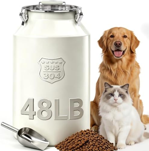 Large 304 Metal Dog Food Storage Container 48LB /45 Qt, Stainless Steel Airtight Pet Food Containers with Lid & Scoop, Pet Food Bin for Dogs, Cats and Dry Food Storage Keep Fresh by LOVESPORTSLOVELIFELOVEU