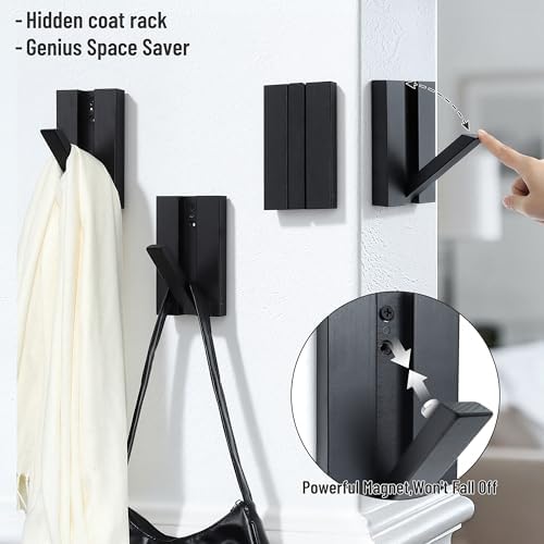 Wood Wall Hooks for Entryway: 2Pack Folding Black Modern Coat Hooks - Image 3