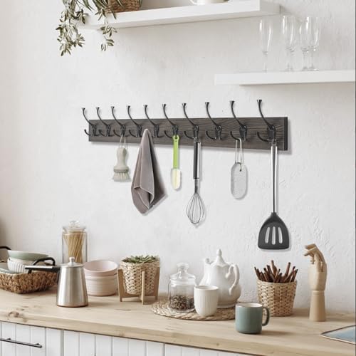 IBosins Vintage Wall Mounted Coat Rack, 34" Long with 10 Black Tri-Hooks - Image 4