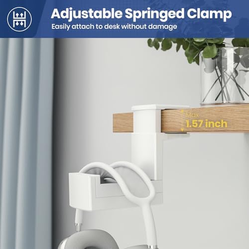 Dual Headphone Stand Holder - EURPMASK 2 in 1 PC Gaming Headset Hooks, 360 Degree Rotating Headphone Hanger with Adjustable Clamp & Cable Clip Organizer, Headset Mount Under Desk Earphone Clamp-White - Image 4
