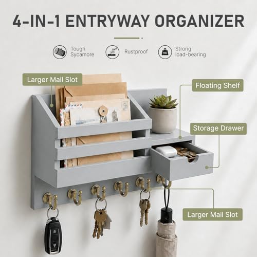 FifthQuarter Key Holder for Wall with Drawer and 6 Sturdy Hooks, A-Grey - Image 5